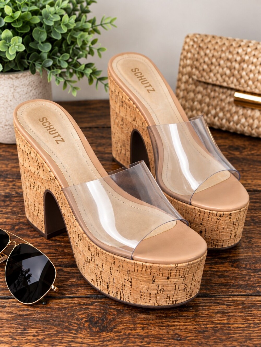Schutz Clear Vinyl Cork Platform Mules Size 8 Nude Chunky Heels